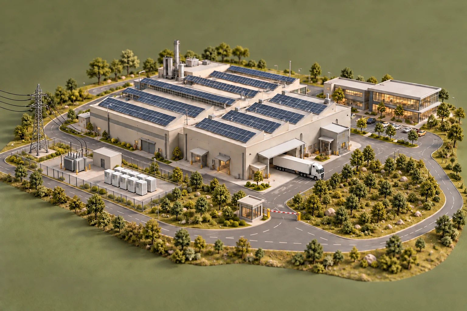 Güneş panelli fabrika, enerji nakil hattı direği, kompakt trafo merkezi ve yanında batarya enerji depolama, öndeki ana yola bağlı güvenlik kulübesi ve bariyerli tesis girişi